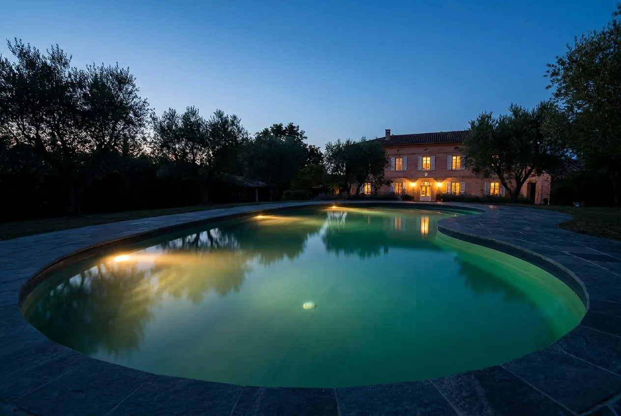 Réalisation piscine au crépuscule